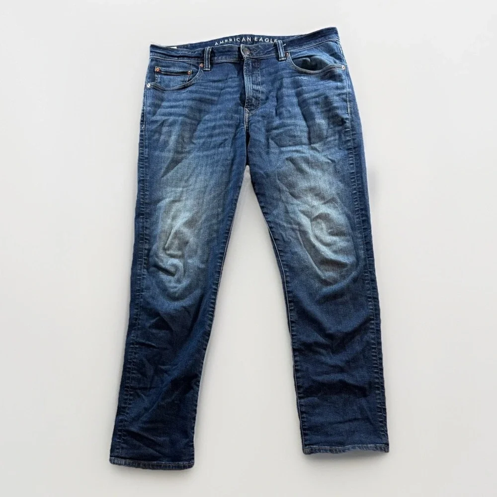 American Eagle AirFlex + Jeans Mens Size 36x30 Blue Slim Straight Stretch Faded‎